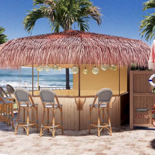 Outdoor tiki bar with straw roof, bar stools, and beach view; palm trees and striped umbrellas create a tropical vibe.