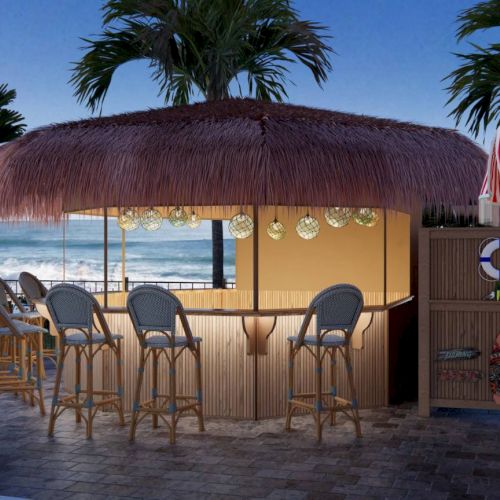 Tropical beach bar with a thatched roof, barstools, and red-striped umbrellas, overlooking the ocean under a twilight sky.