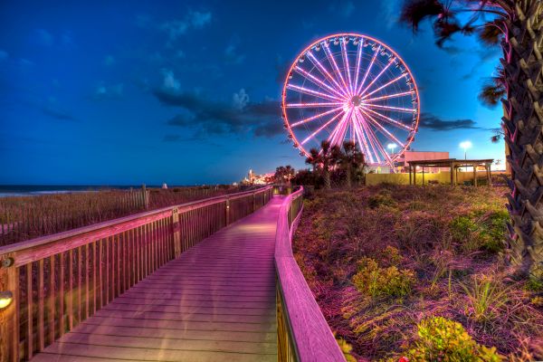 The image shows a brightly lit Ferris wheel at night, with a wooden boardwalk and palm trees leading towards it against a clear sky.