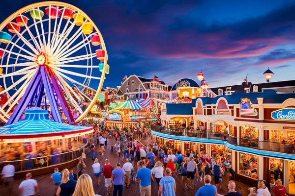 A vibrant amusement park scene with a Ferris wheel, shops, and a crowd of people enjoying the atmosphere at dusk under a colorful sky.